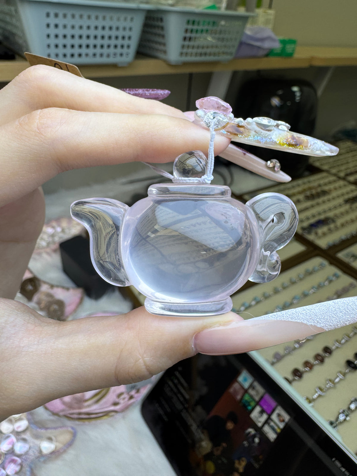 Rose quartz tea kettle pendant, with dimensions of 40.6mm × 56mm
