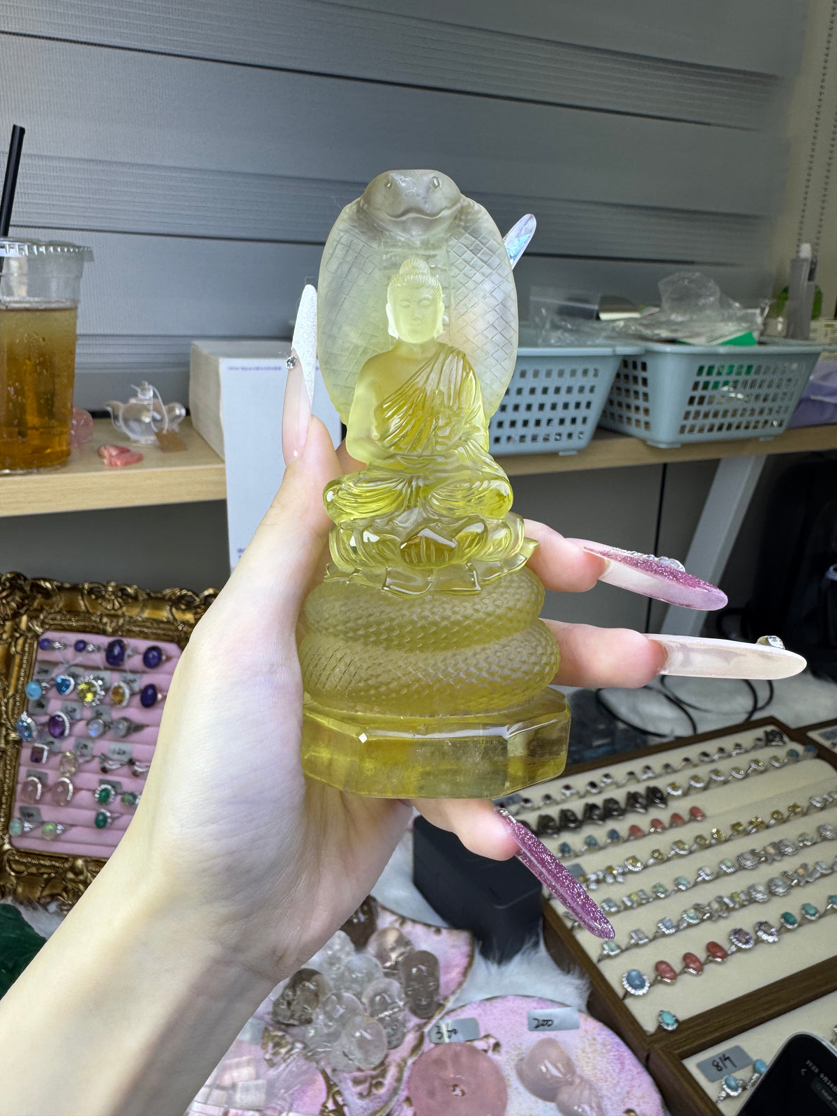 Hand-carved Bodhi statue made of citrine, with dimensions of 126mm × 60mm