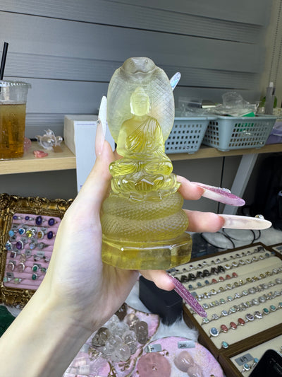 Hand-carved Bodhi statue made of citrine, with dimensions of 126mm × 60mm